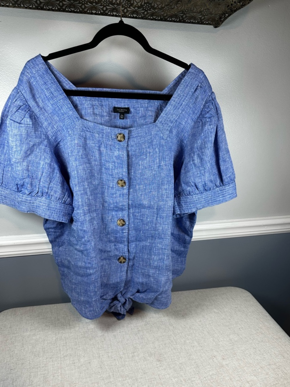 Talbots Blue Linen Button Front Tie Hem Top Size 2xp